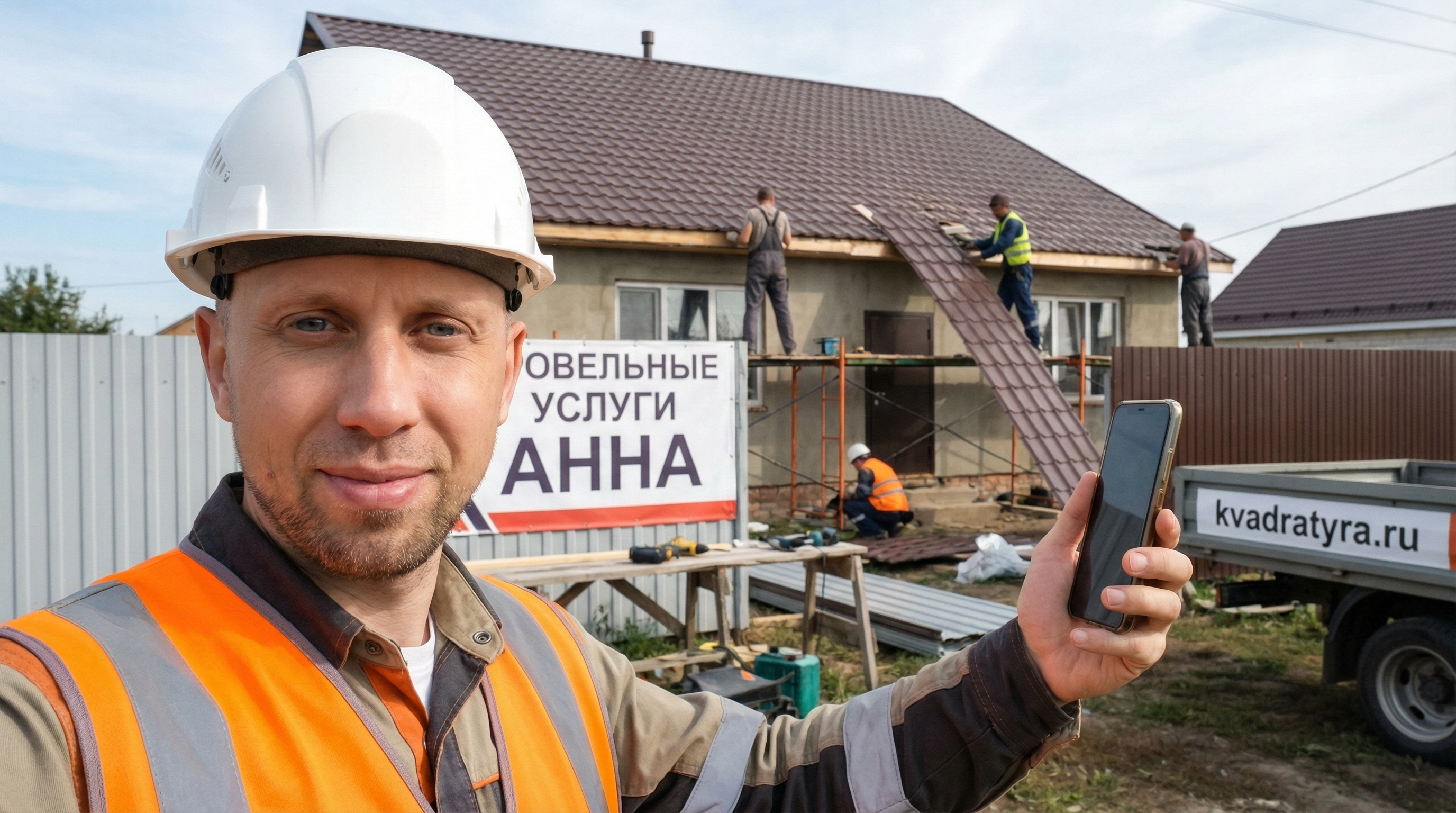Кровельные услуги Анна Воронежская область. Кровельные работы в Анне от производителя. Экономия до 30%. Селфи на фоне кровельных работ в посёлке Анна. Кровельщики работают на крыше в Анне. Квадратура.ру, Сталь Сервис