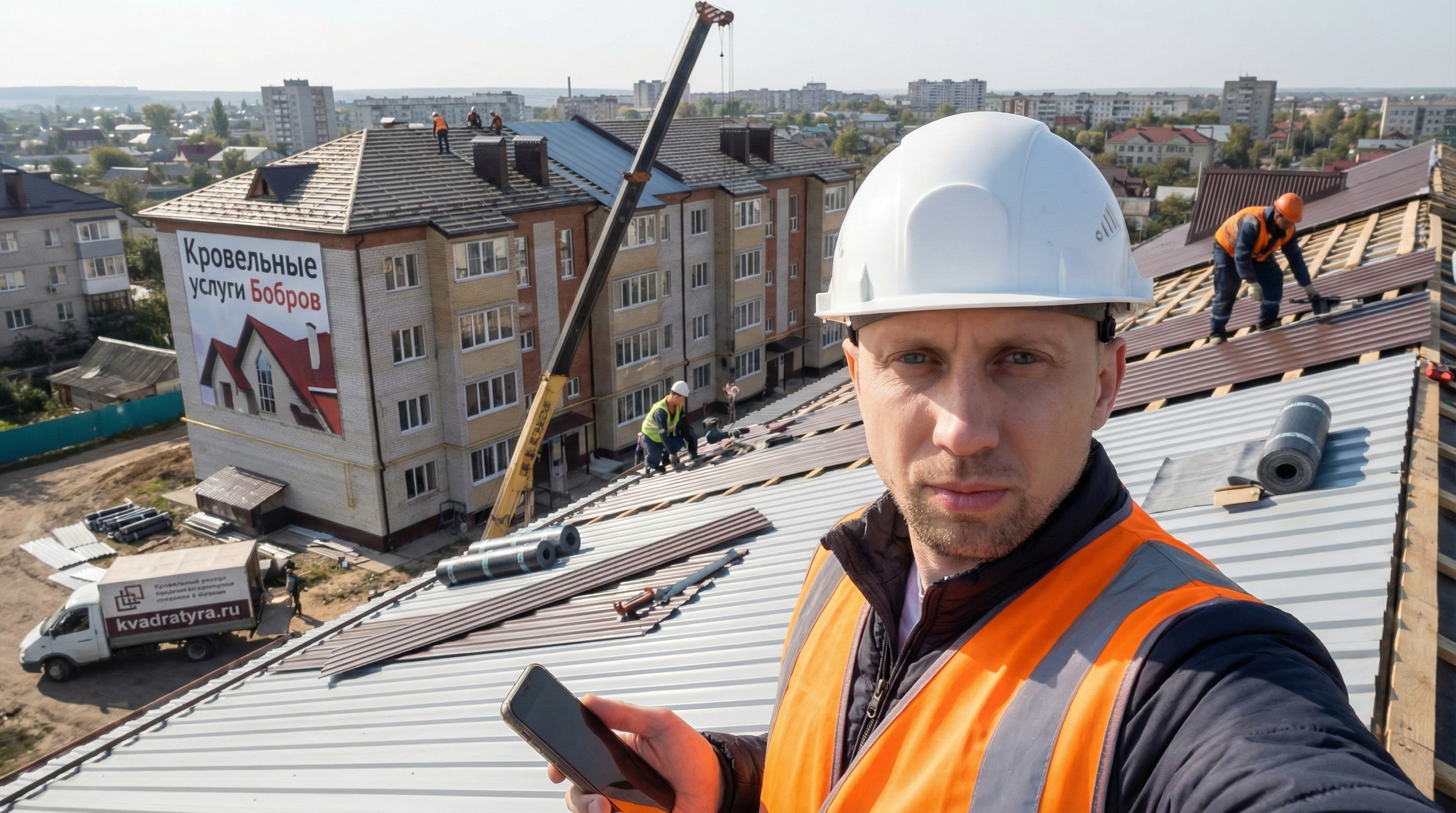 Кровельные услуги Бобров Воронежская область. Кровельные работы в Боброве от производителя. Экономия до 30%. Селфи на фоне кровельных работ в городе Бобров. Кровельщики работают на крыше в Боброве. Квадратура.ру, Сталь Сервис