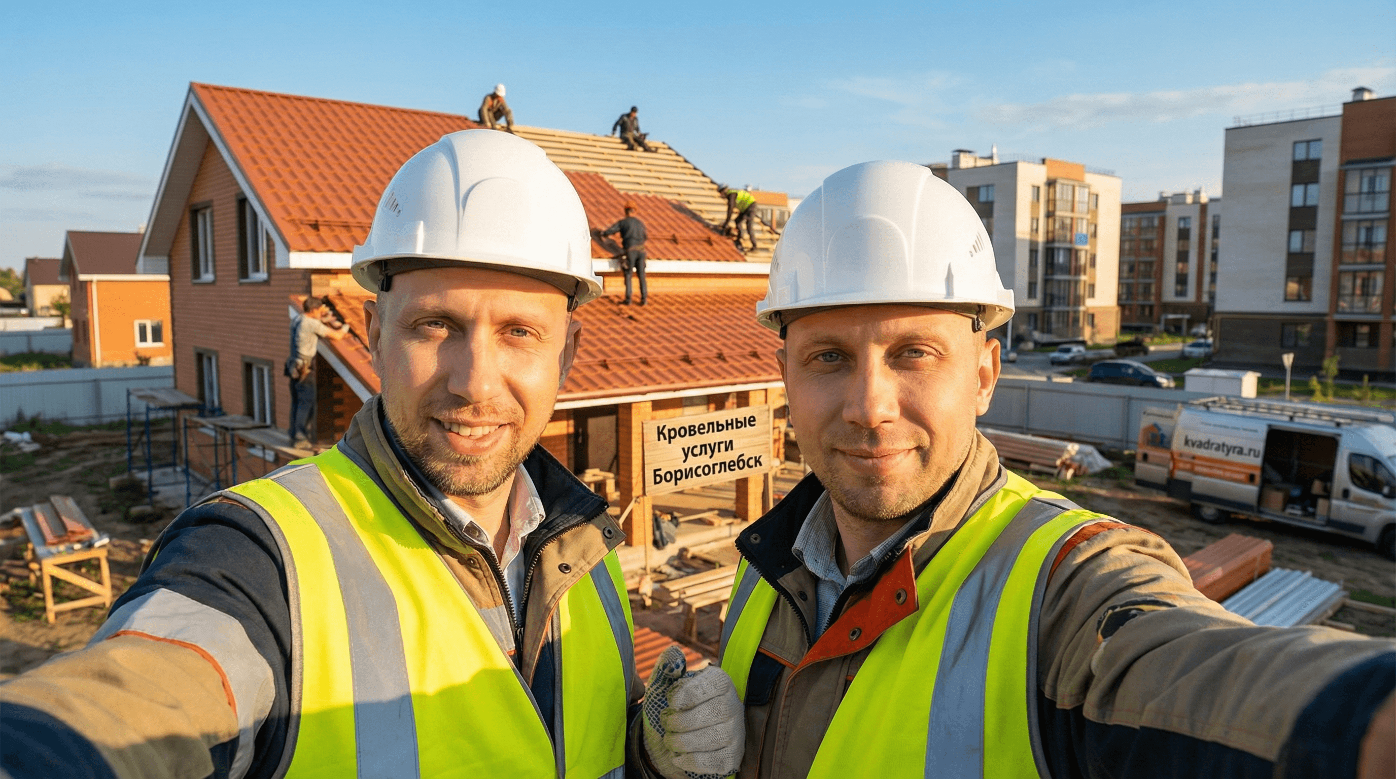 Кровельные услуги Борисоглебск. Кровельные работы в Борисоглебске от производителя. Экономия до 30%. Селфи на фоне кровельных работ в Борисоглебске. Кровельщики работают на крыше в Борисоглебске. Квадратура.ру, Сталь Сервис