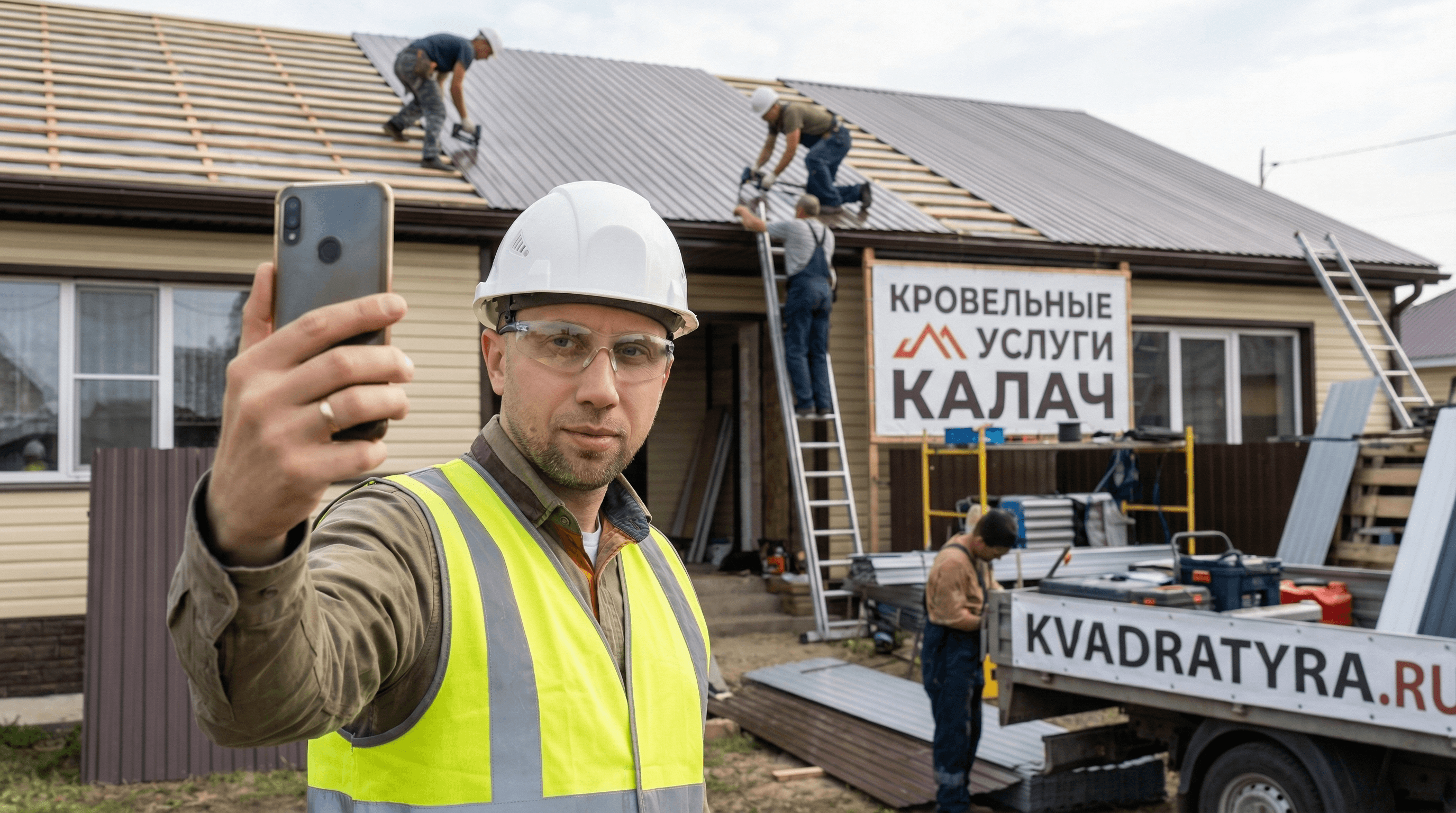 Кровельные услуги Калача Воронежская область. Кровельные работы в Калаче от производителя. Экономия до 30%. Селфи на фоне кровельных работ в городе Калача. Кровельщики работают на крыше в Калаче. Квадратура.ру, Сталь Сервис