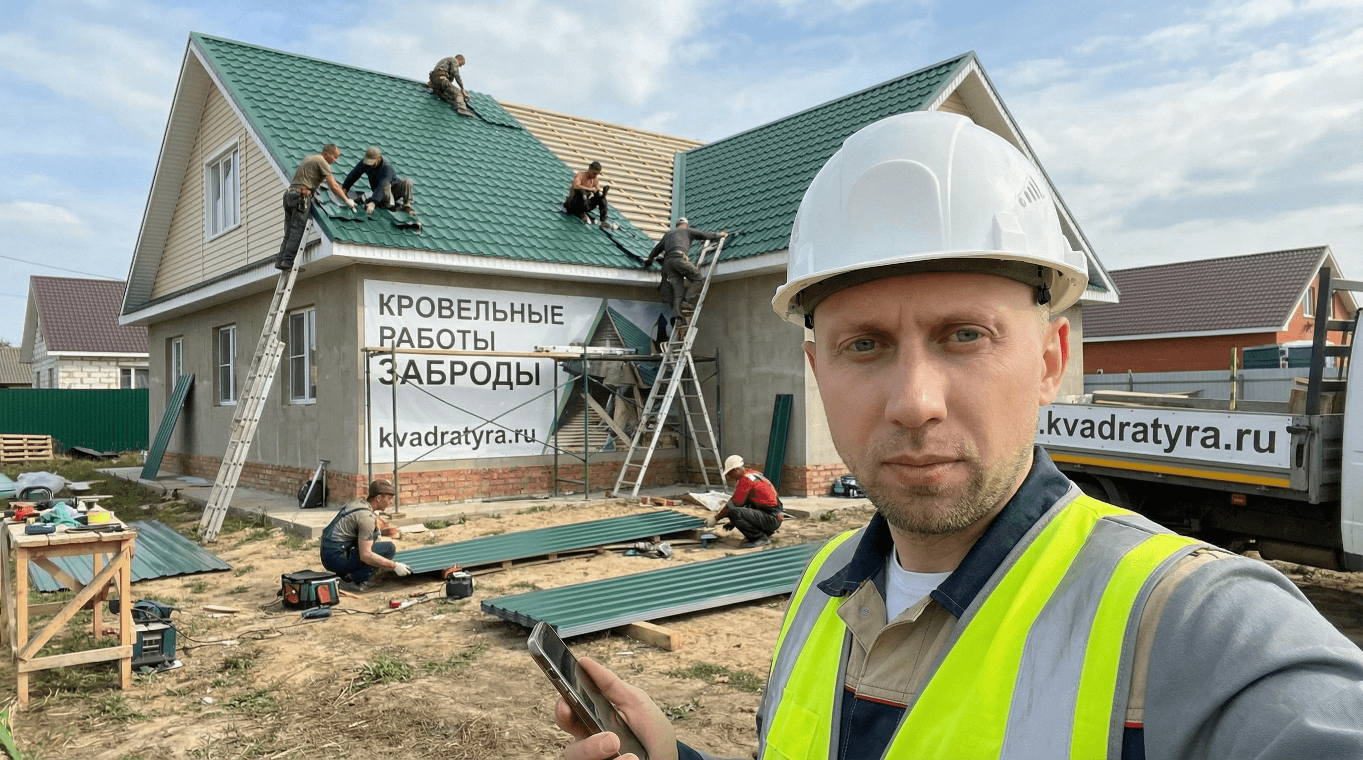 Кровельные услуги Забродыа Воронежская область. Кровельные работы в Забродые от производителя. Экономия до 30%. Селфи на фоне кровельных работ в городе Забродыа. Кровельщики работают на крыше в Забродые. Квадратура.ру, Сталь Сервис