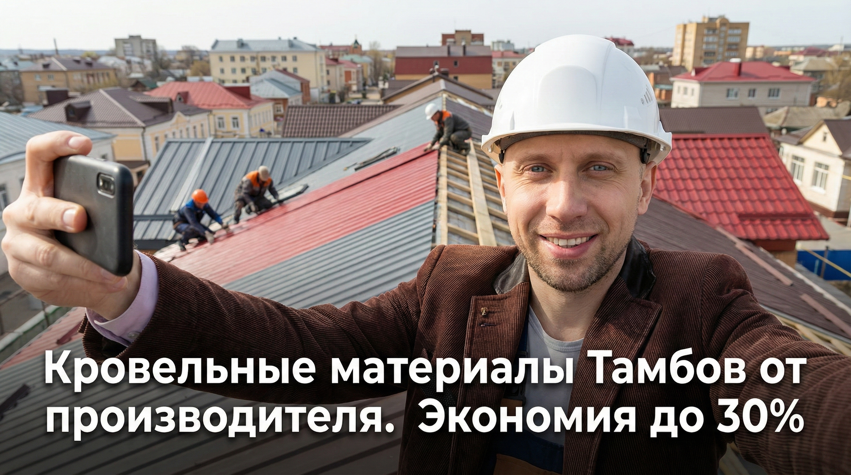 Кровельные материалы Тамбов от производителя. Экономия до 30%. Селфи на фоне кровельных работ в Тамбове. Металлочерепица и профнастил на крышах зданий Тамбова. Купить кровельные материалы в Тамбове