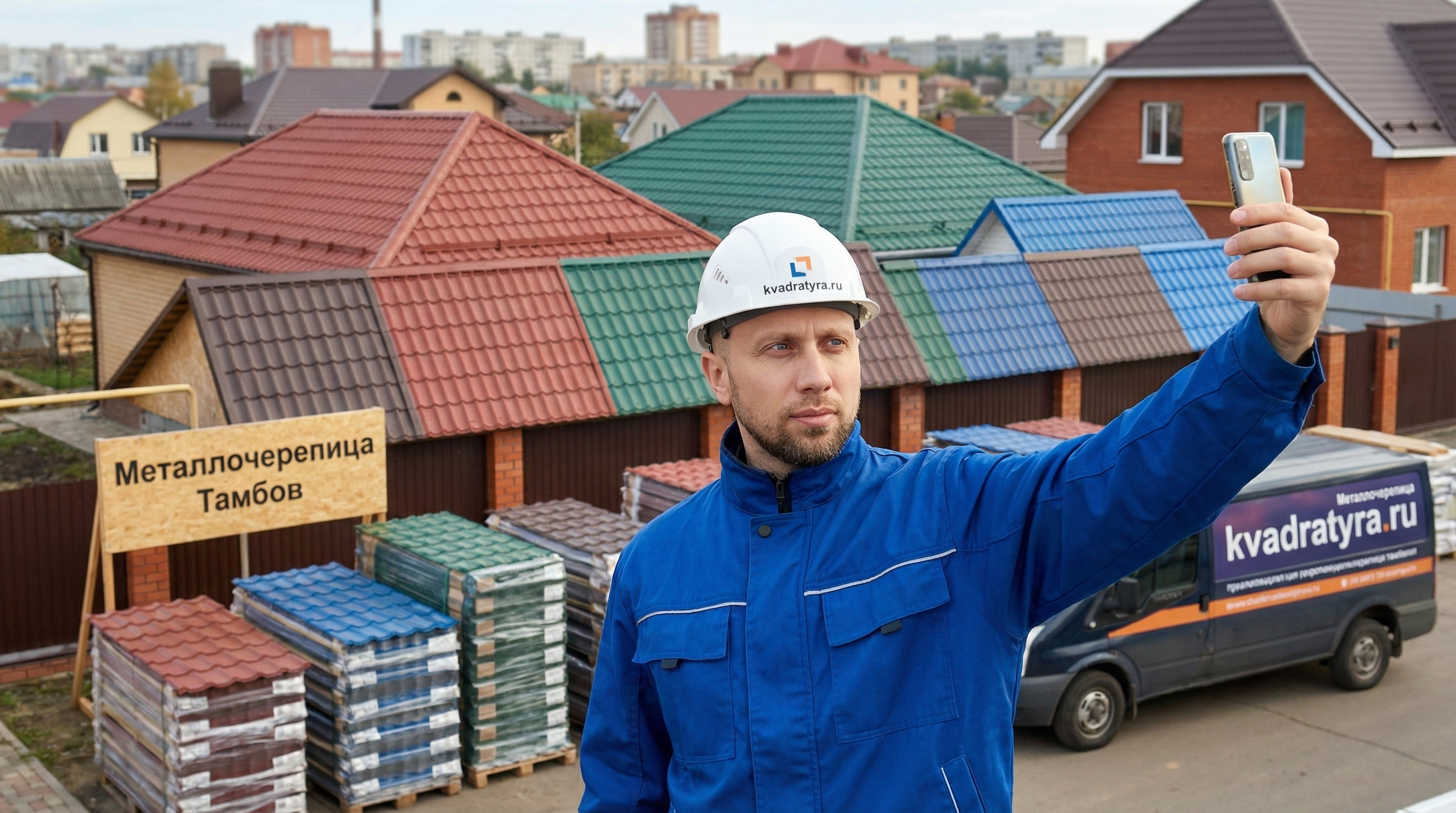 Металлочерепица Тамбов от производителя. Экономия до 30%. Селфи на фоне крыш из металлочерепицы в Тамбове. Кровля металлочерепицей на улицах города. Купить металлочерепицу в Тамбове